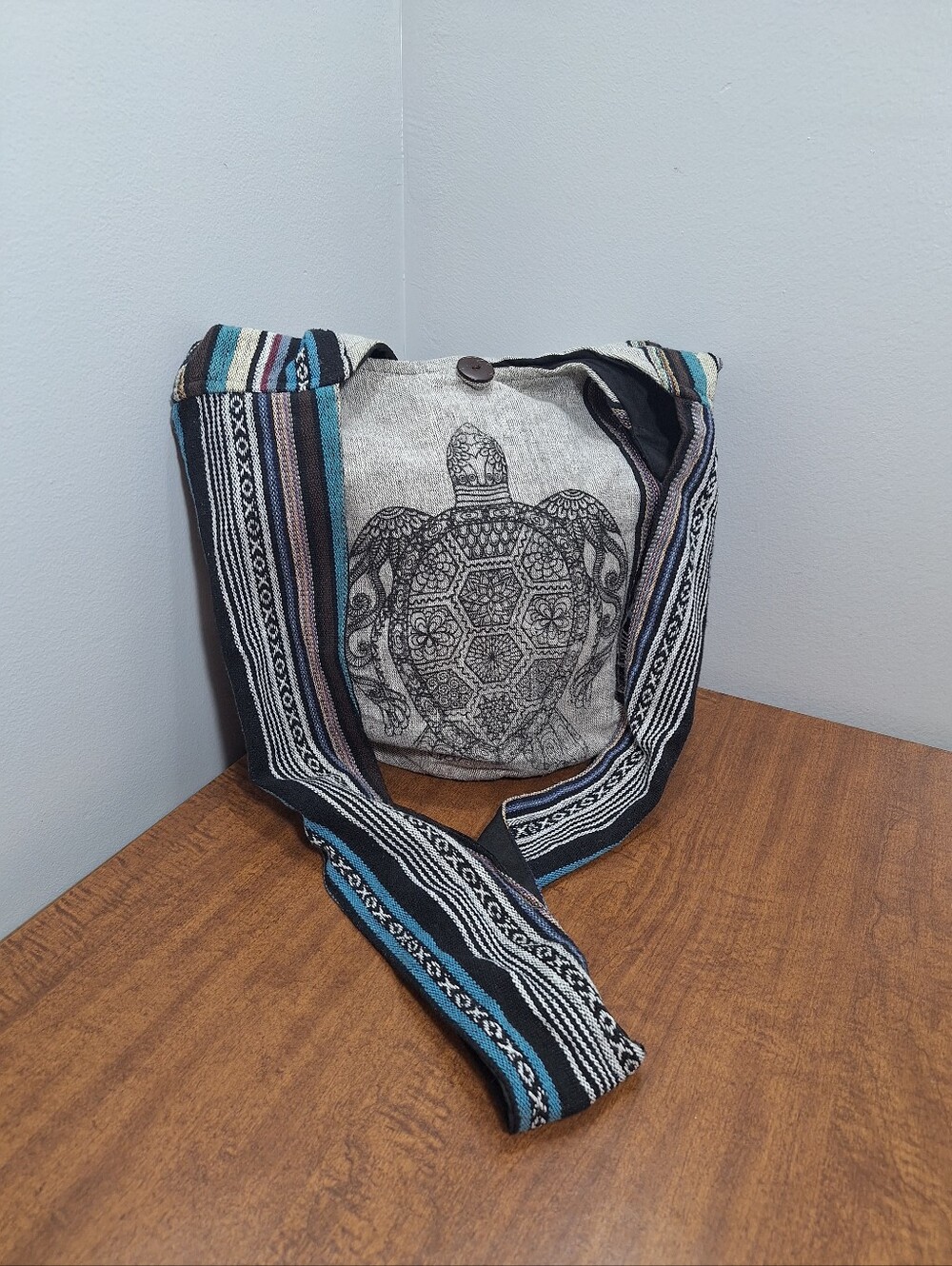 Handmade Cotton Sea Turtle Hobo Crossbody Sling Bag Wide Strap Gray Boho Hippie - Picture 2 of 16